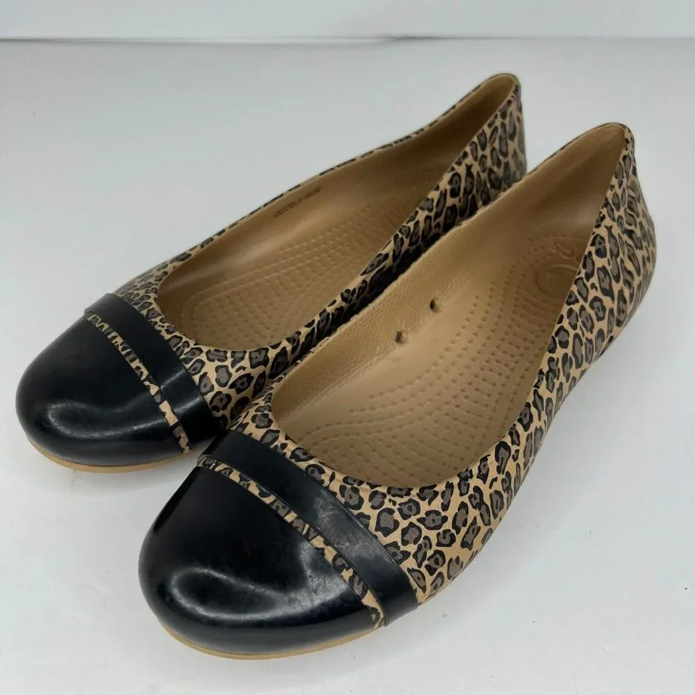 Crocs Womens Multicolor Cap Toe Leopard Print Size 8 Slip On Flat Shoes - Picture 1 of 9